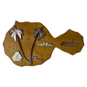 Vintage Tahiti Wall Art Decor Wood W Mother Of Pearl Palm Trees Hand Carved RARE